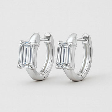 Emerald Cut Moissanite Huggie Earrings, Silver Huggies, 925 Sterling Silver