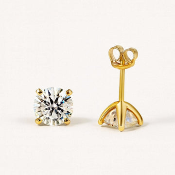 Gold Stud Earrings, Four-Prong Moissanite Studs, 18k Gold Plated Sterling Silver