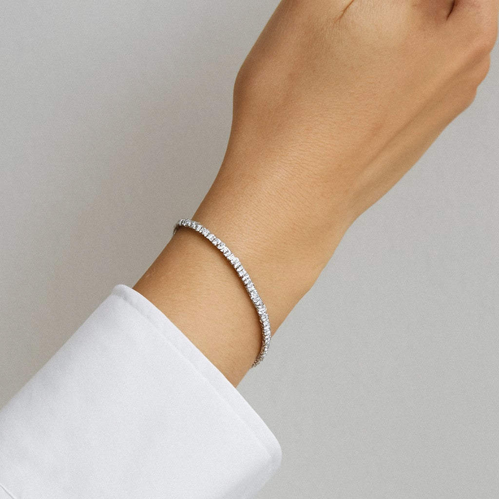 Moissanite Tennis Bracelet in 925 Sterling Silver, worn on model for scale