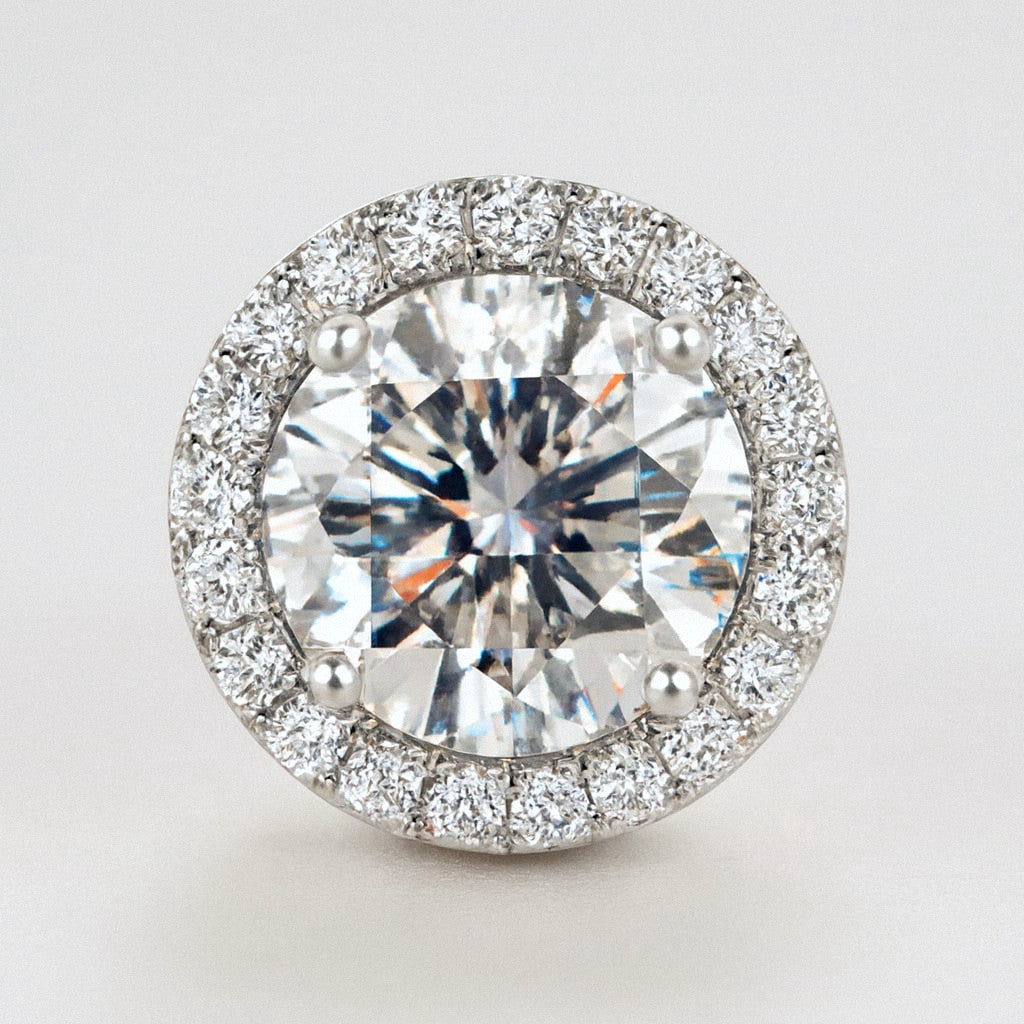 Halo Moissanite Stud Earrings in 925 Sterling Silver, close-up detail