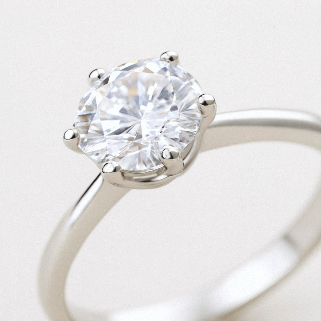 Six-Prong Moissanite Solitaire Ring in 925 Sterling Silver, close-up detail
