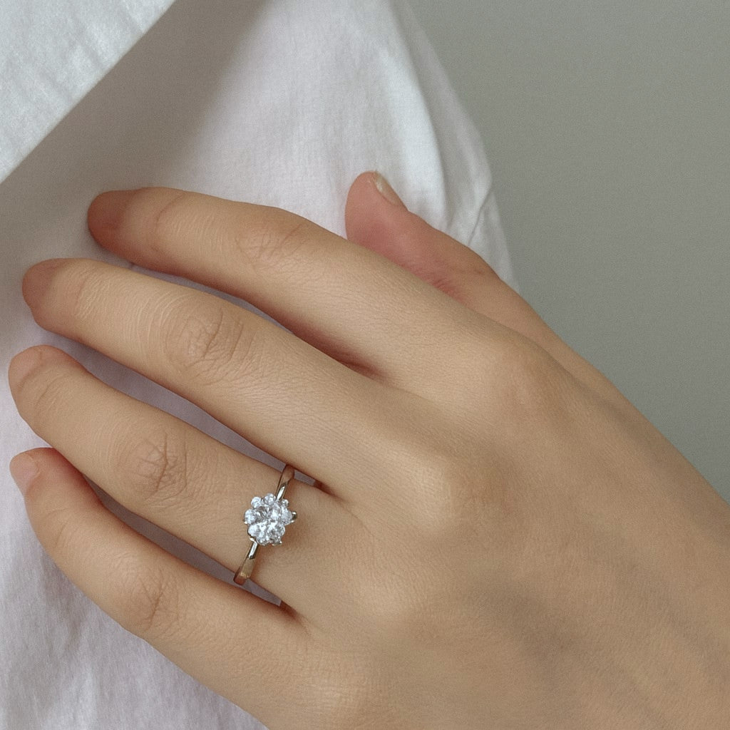 Six-Prong Moissanite Solitaire Ring in 925 Sterling Silver, worn on model for scale