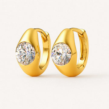 Gold Huggie Earrings, Chunky Dome Hoops with Moissanite, 18k Gold Plated Sterling Silver