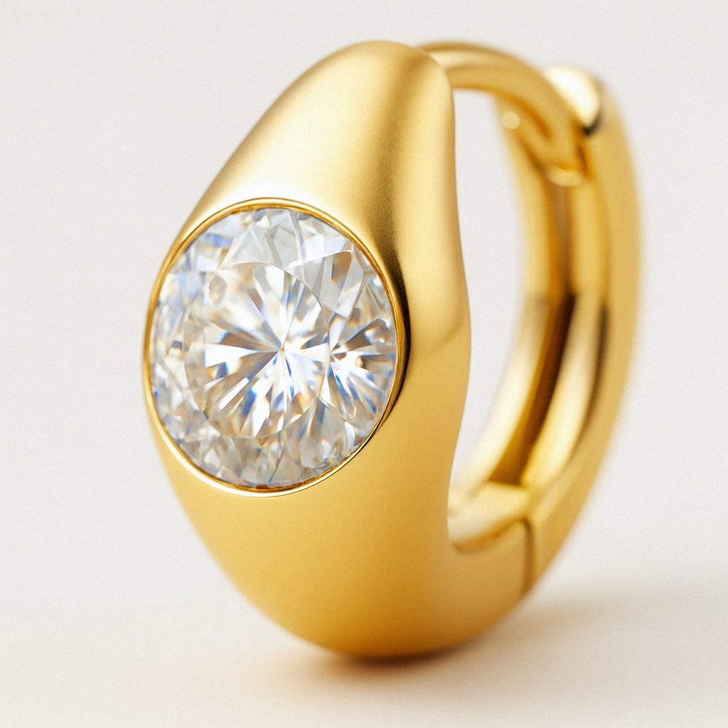 Gold Huggie Earrings with Moissanite, Chunky Dome Hoops in 18k Gold Plated Sterling Silver, close-up detail