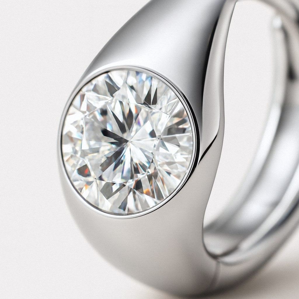 Silver Huggie Earrings with Moissanite, Chunky Dome Hoops in 925 Sterling Silver, close-up detail
