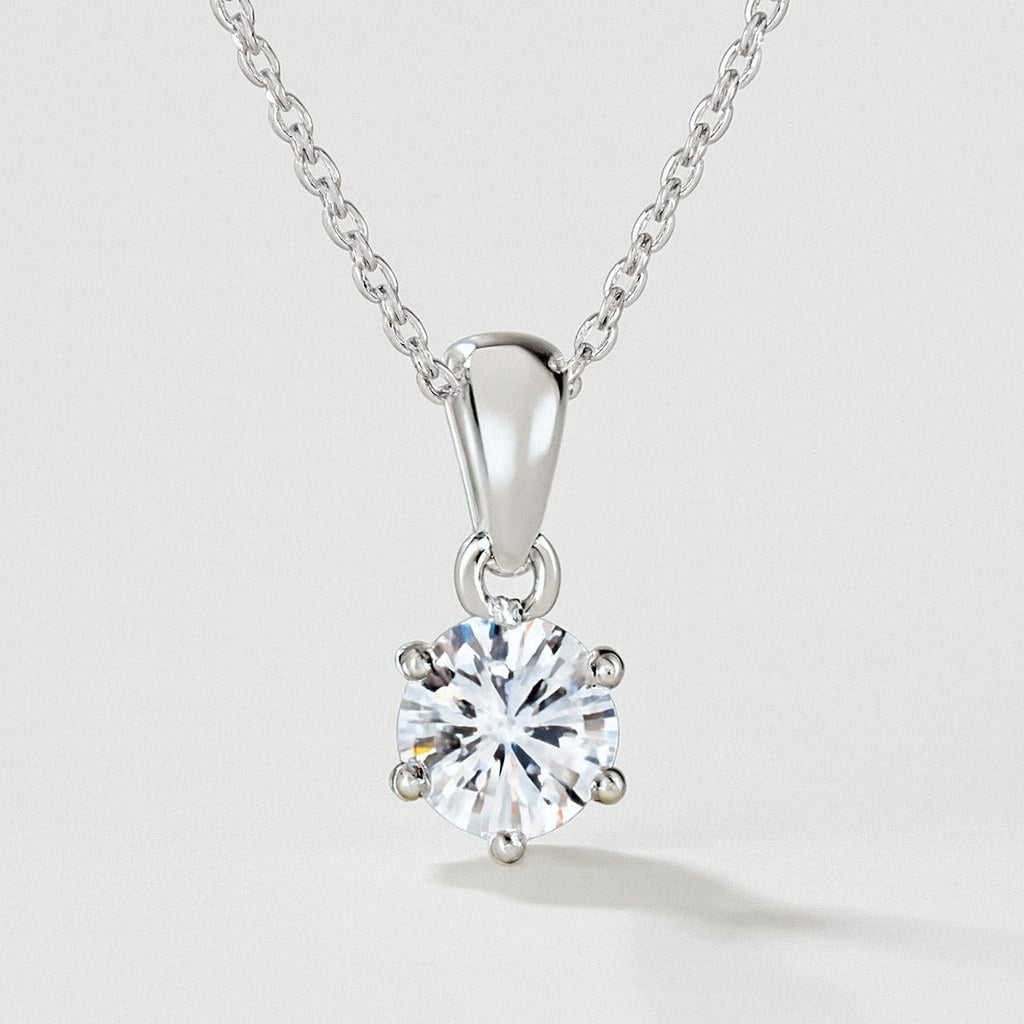 Moissanite Solitaire Necklace, Six-Prong Pendant on 925 Sterling Silver Chain, product view