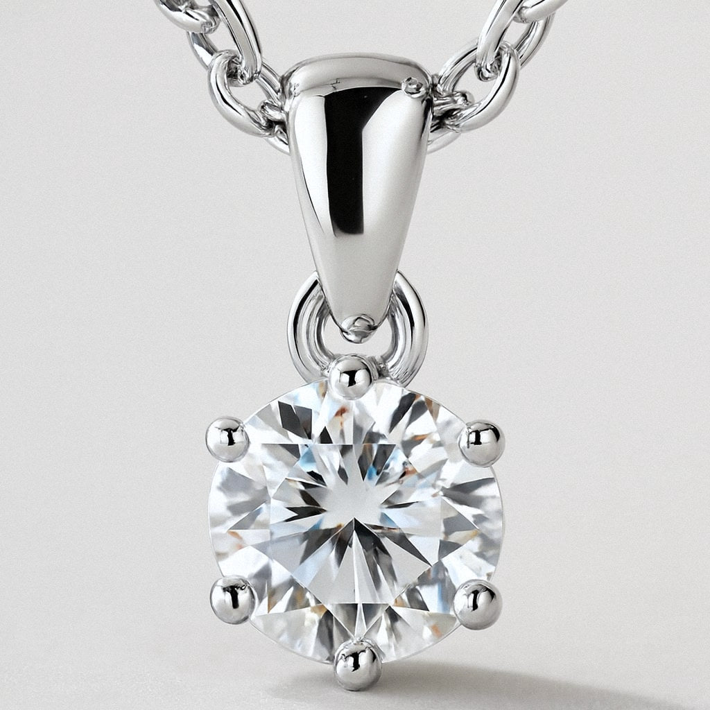 Moissanite Solitaire Necklace, Six-Prong Pendant on 925 Sterling Silver Chain, close-up detail
