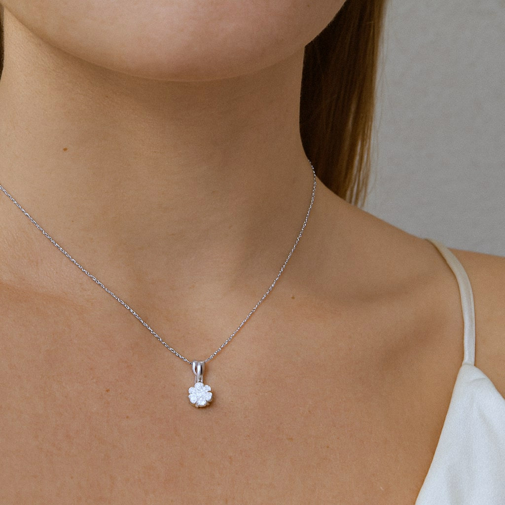Moissanite Solitaire Necklace, Six-Prong Pendant on 925 Sterling Silver Chain, worn on model for scale