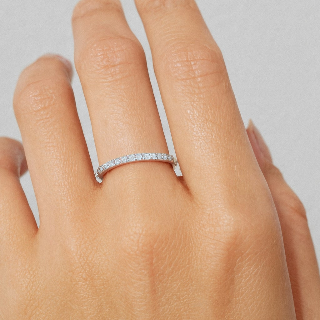 Moissanite Eternity Ring, Half Eternity Band in 925 Sterling Silver, worn on model for scale