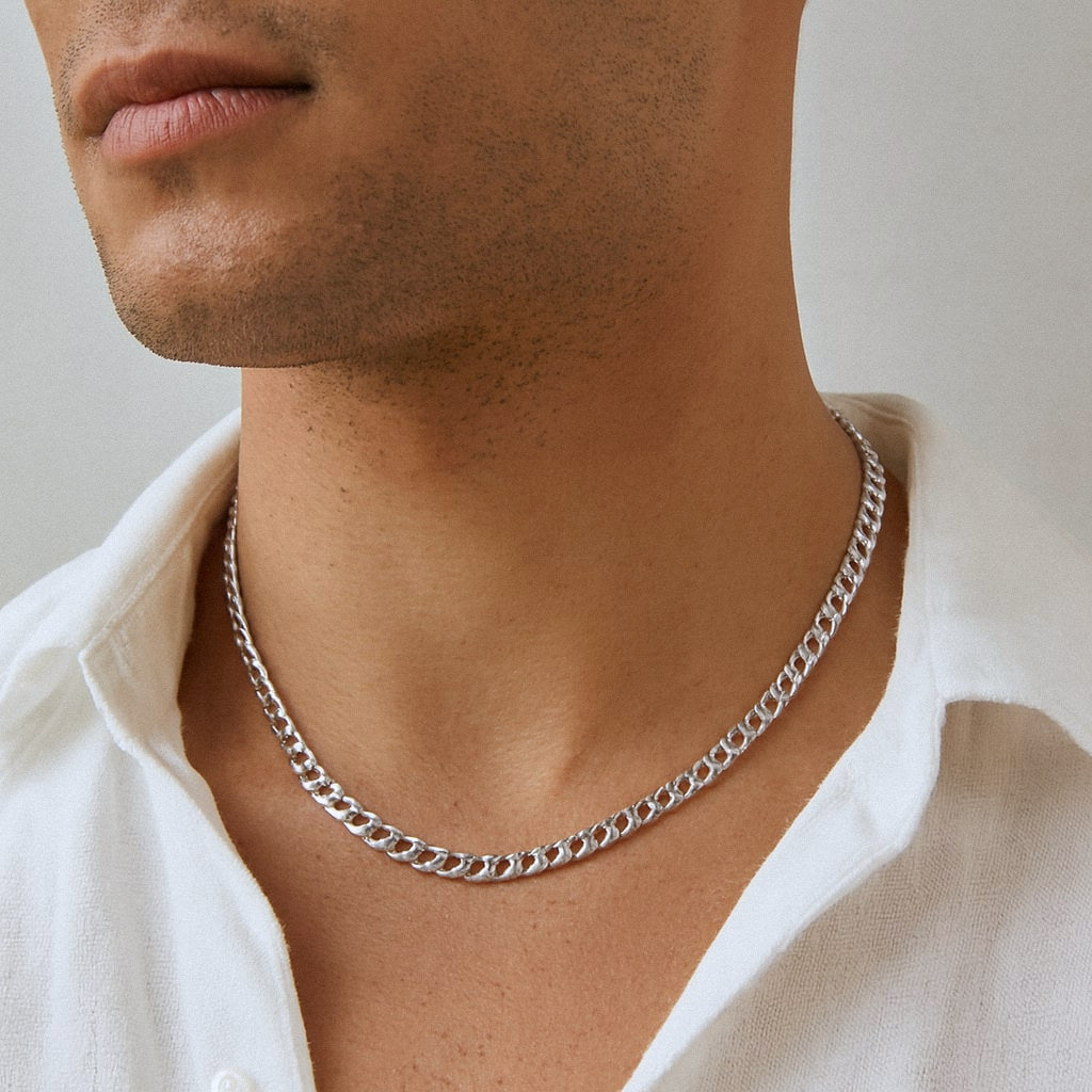 Mens Silver Cuban Link Chain, Solid 925 Sterling Silver Curb Necklace, worn on model for scale