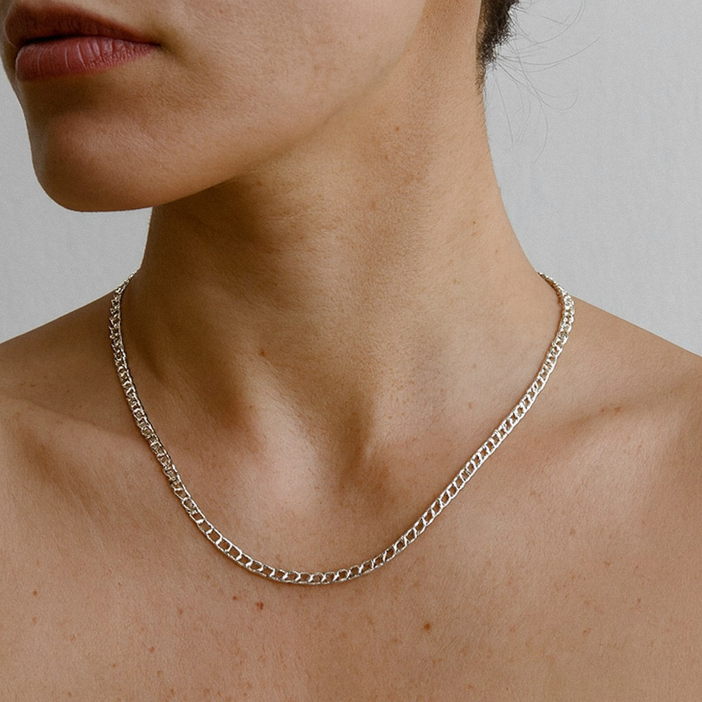 Silver Chain Necklace, 2mm Cuban Curb Chain in Solid 925 Sterling Silver, worn on model for scale
