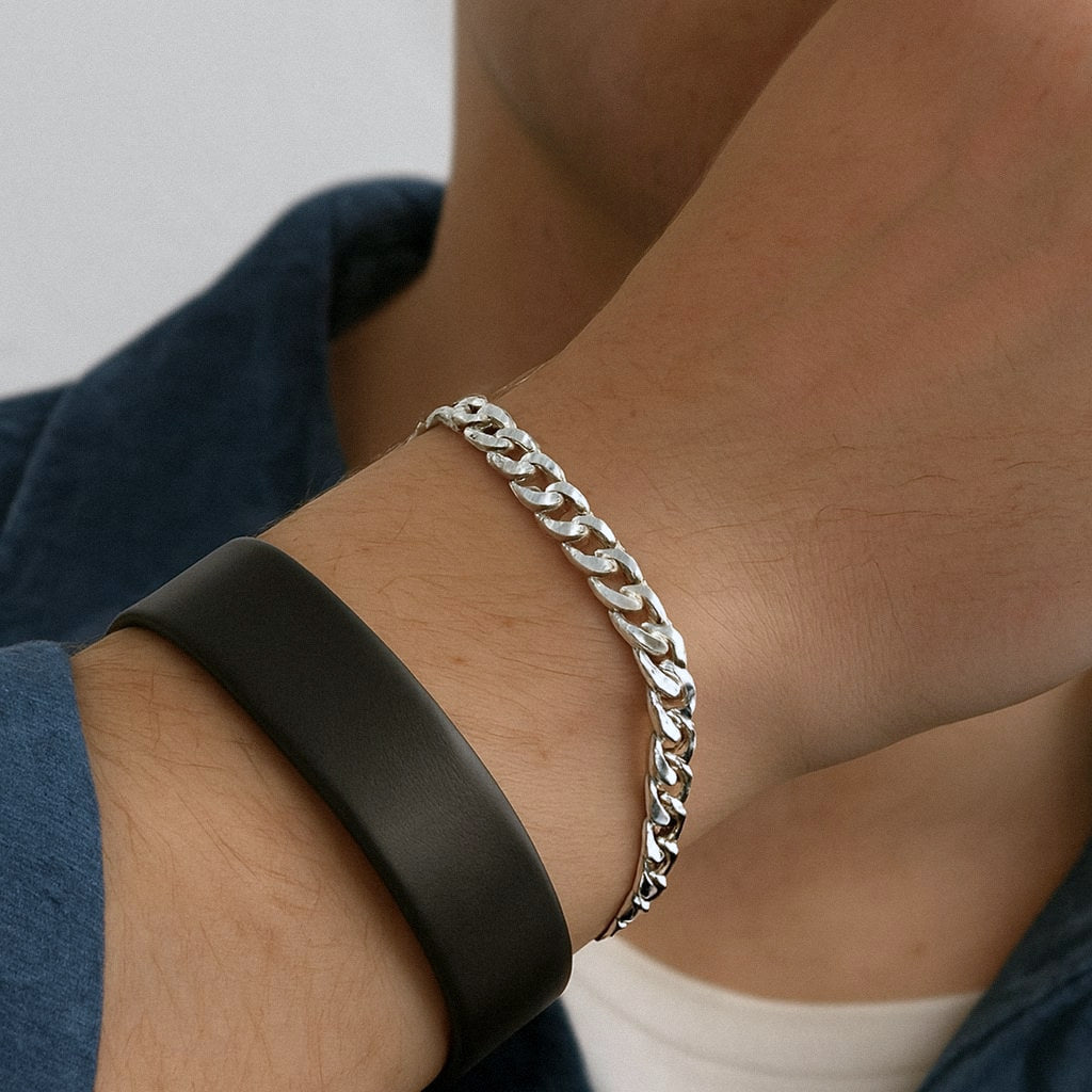 Mens Silver Cuban Link Bracelet, 4mm Solid 925 Sterling Silver, worn on model for scale