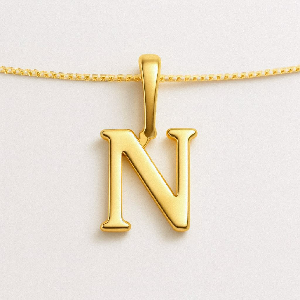 Gold Initial Necklace, Letter Pendant in 18k Gold Plated 925 Sterling Silver, N