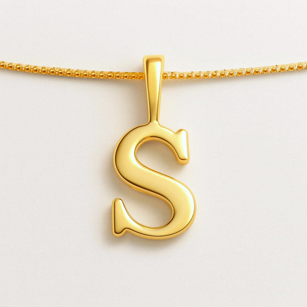 Gold Initial Necklace, Letter Pendant in 18k Gold Plated 925 Sterling Silver, S