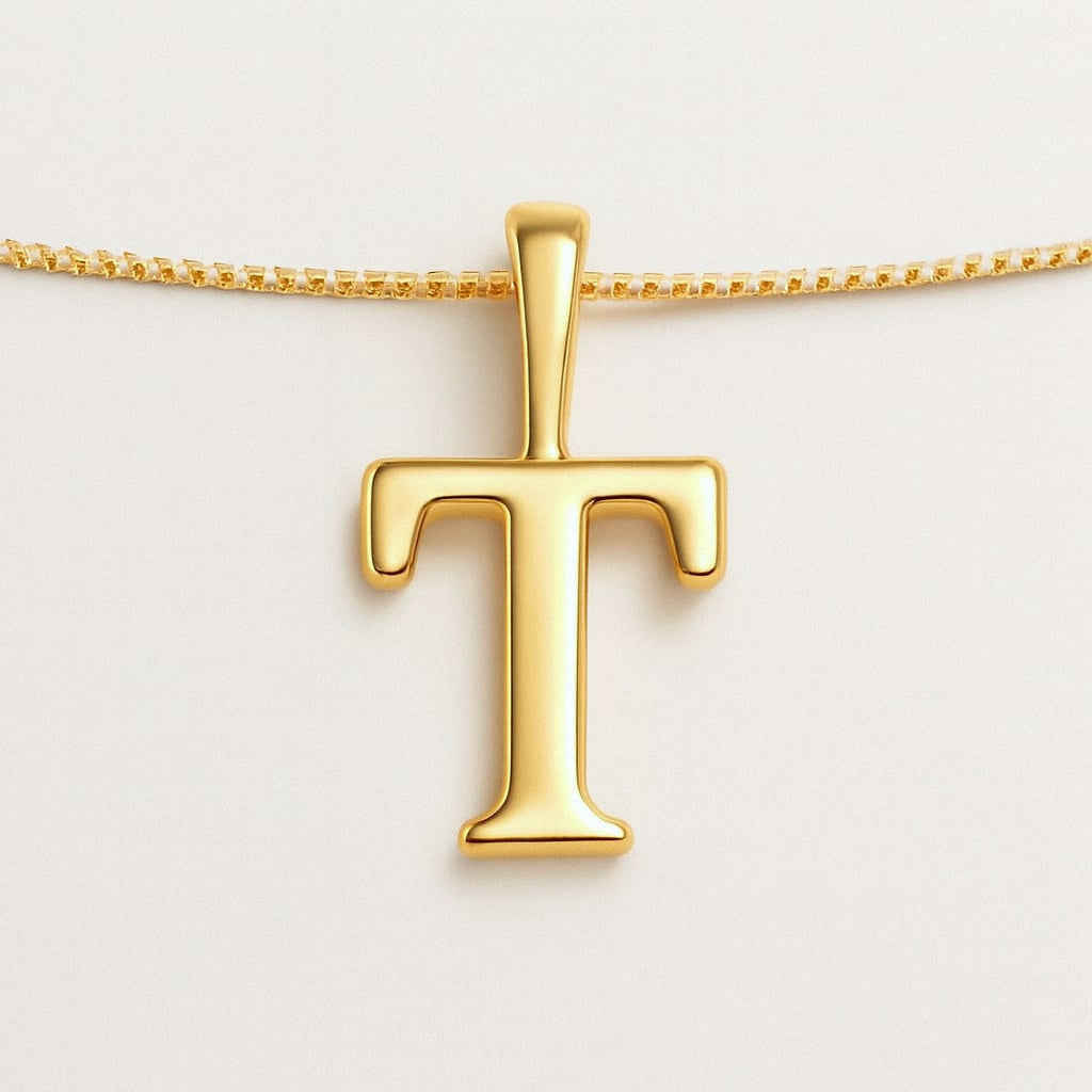 Gold Initial Necklace, Letter Pendant in 18k Gold Plated 925 Sterling Silver, T