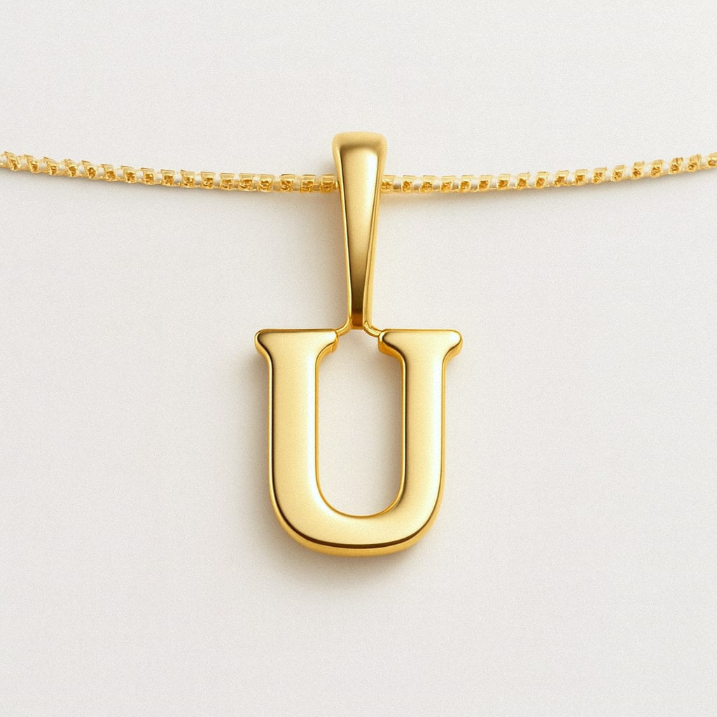 Gold Initial Necklace, Letter Pendant in 18k Gold Plated 925 Sterling Silver, U