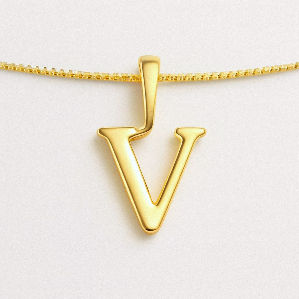 Gold Initial Necklace, Letter Pendant in 18k Gold Plated 925 Sterling Silver, V