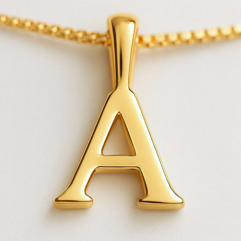 Gold Initial Necklace, Letter Pendant in 18k Gold Plated 925 Sterling Silver, close-up detail
