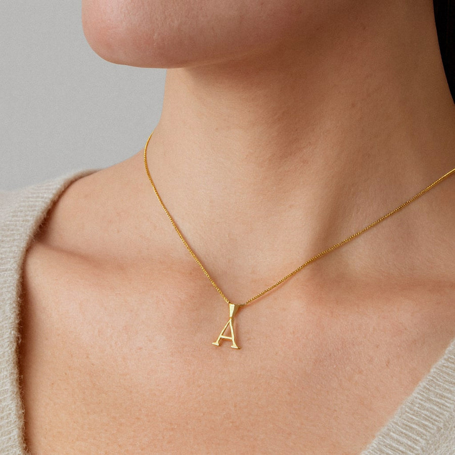 Gold Initial Necklace, Letter Pendant in Gold Plated 925 Sterling Silver, worn on model for scale