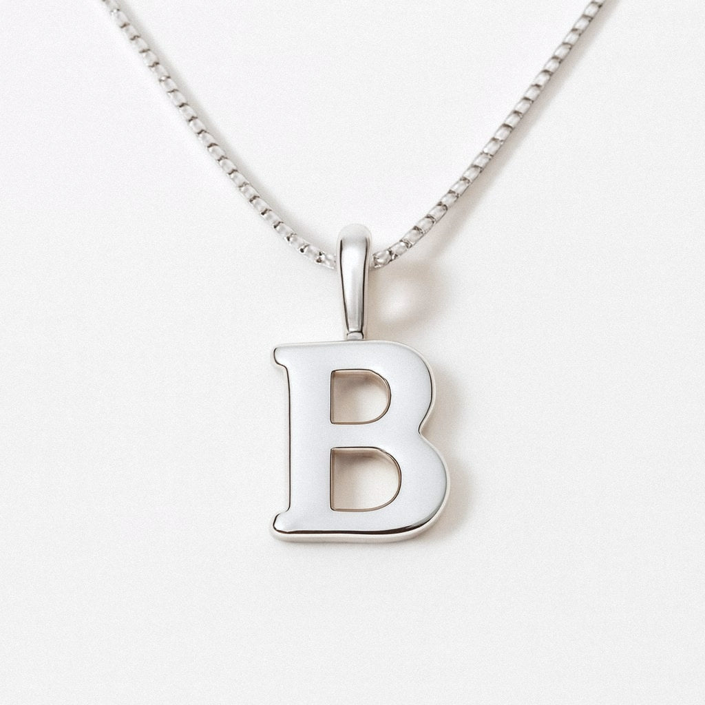 Silver Initial Necklace, Letter Pendant in 925 Sterling Silver, B