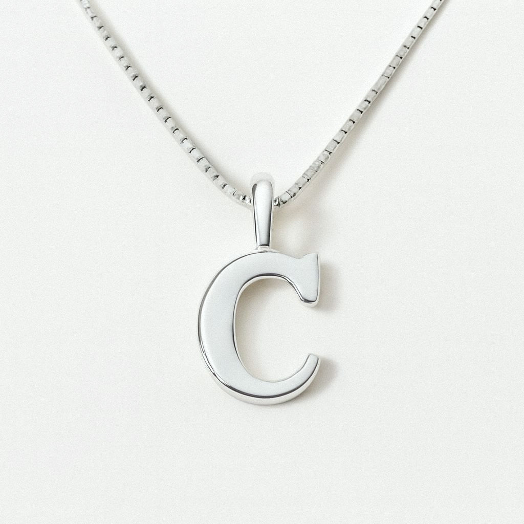 Silver Initial Necklace, Letter Pendant in 925 Sterling Silver, C