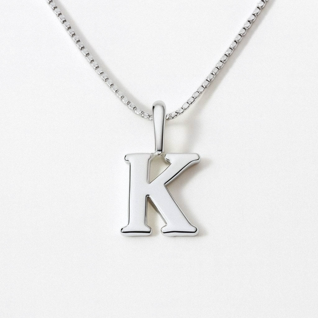 Silver Initial Necklace, Letter Pendant in 925 Sterling Silver, K