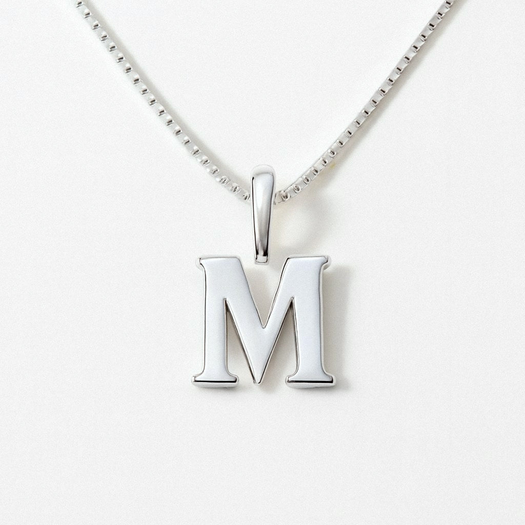 Silver Initial Necklace, Letter Pendant in 925 Sterling Silver, M