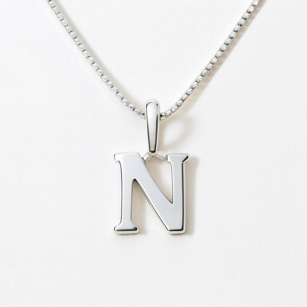 Silver Initial Necklace, Letter Pendant in 925 Sterling Silver, N