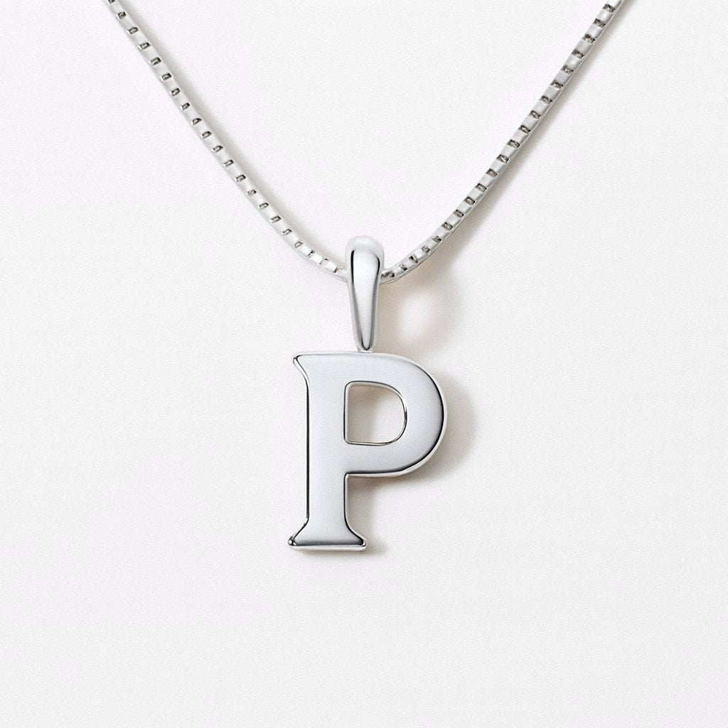 Silver Initial Necklace, Letter Pendant in 925 Sterling Silver, P