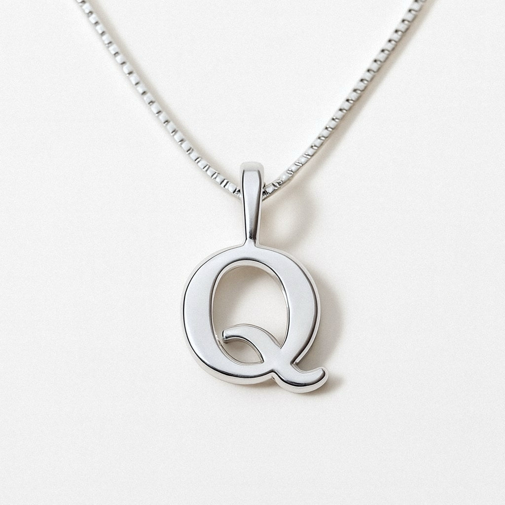 Silver Initial Necklace, Letter Pendant in 925 Sterling Silver, Q