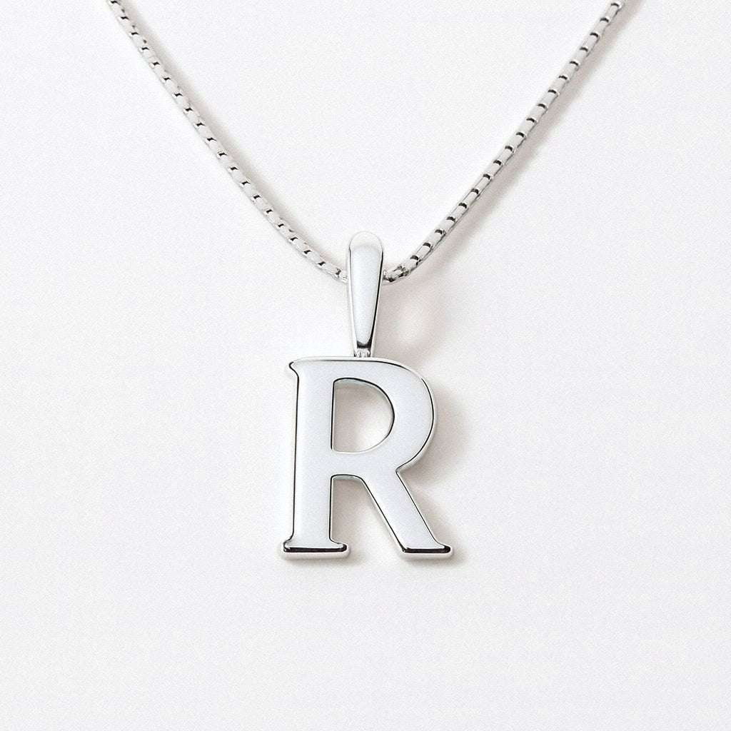 Silver Initial Necklace, Letter Pendant in 925 Sterling Silver, R