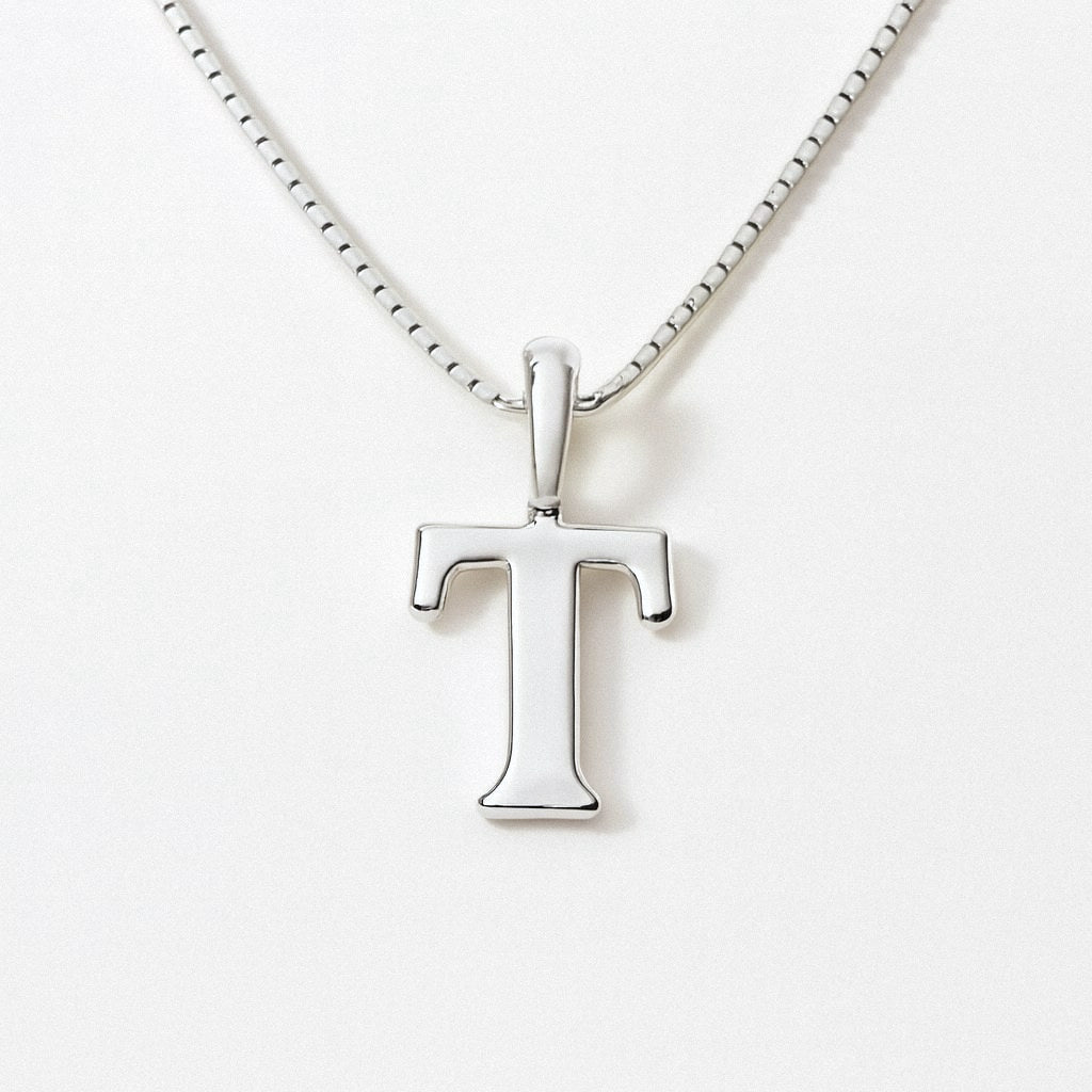 Silver Initial Necklace, Letter Pendant in 925 Sterling Silver, T