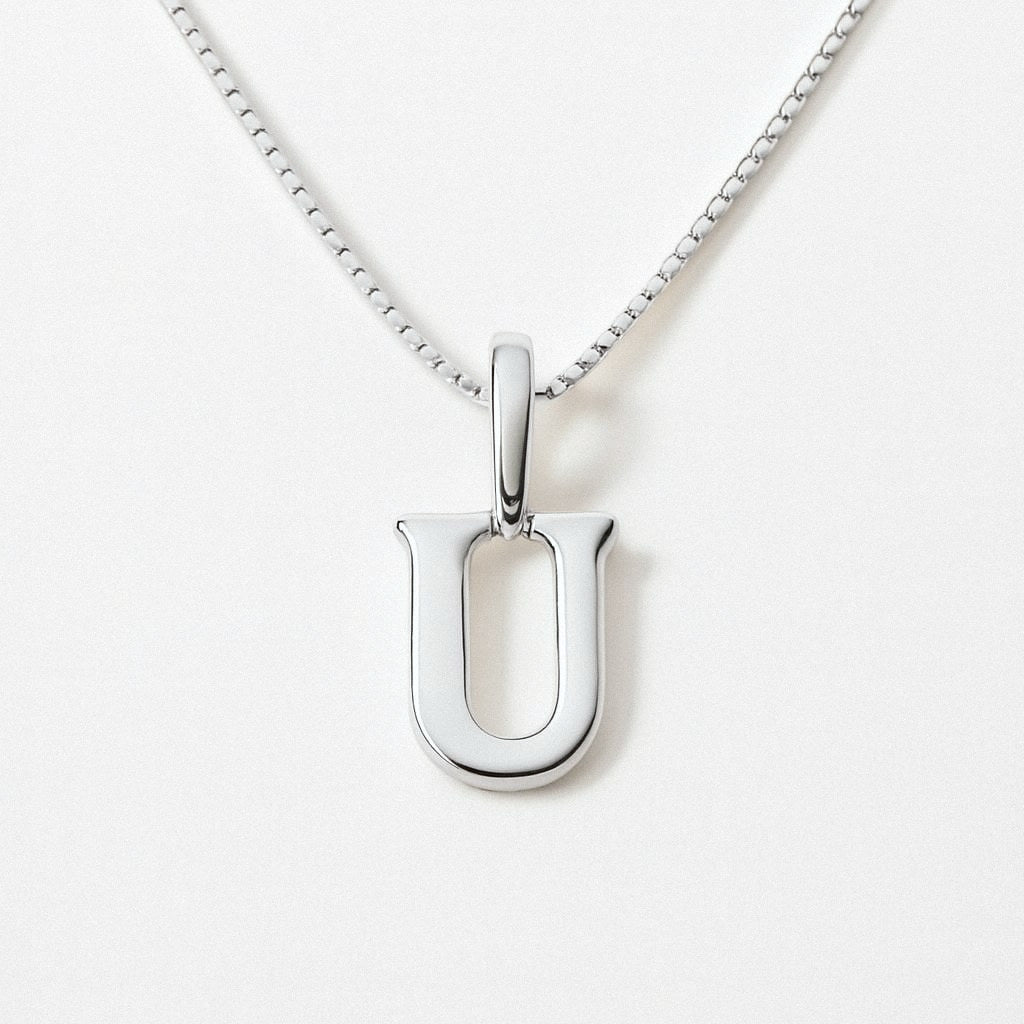 Silver Initial Necklace, Letter Pendant in 925 Sterling Silver, U