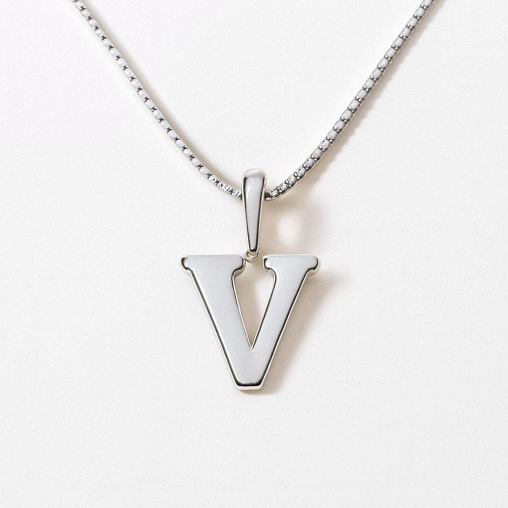 Silver Initial Necklace, Letter Pendant in 925 Sterling Silver, V