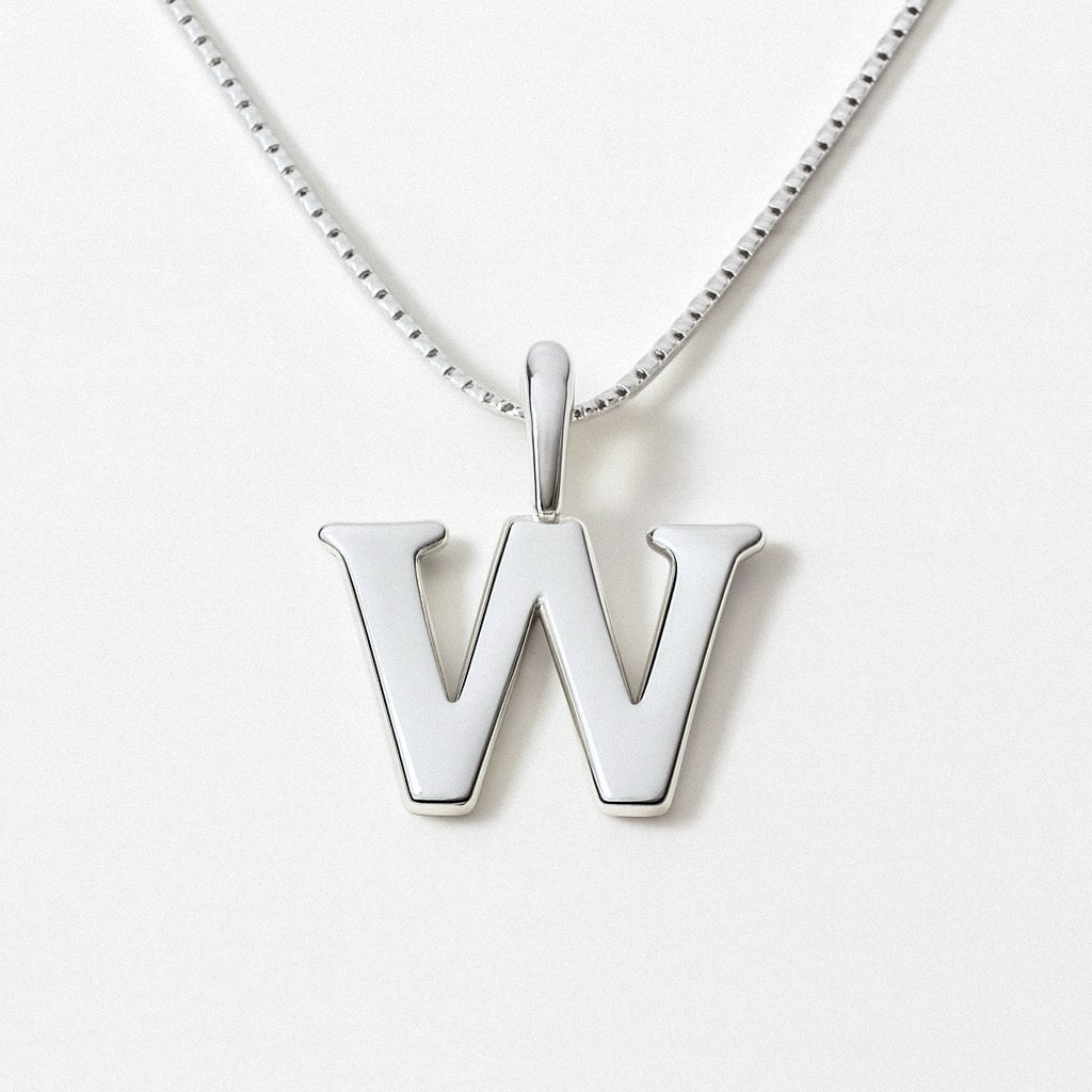 Silver Initial Necklace, Letter Pendant in 925 Sterling Silver, W