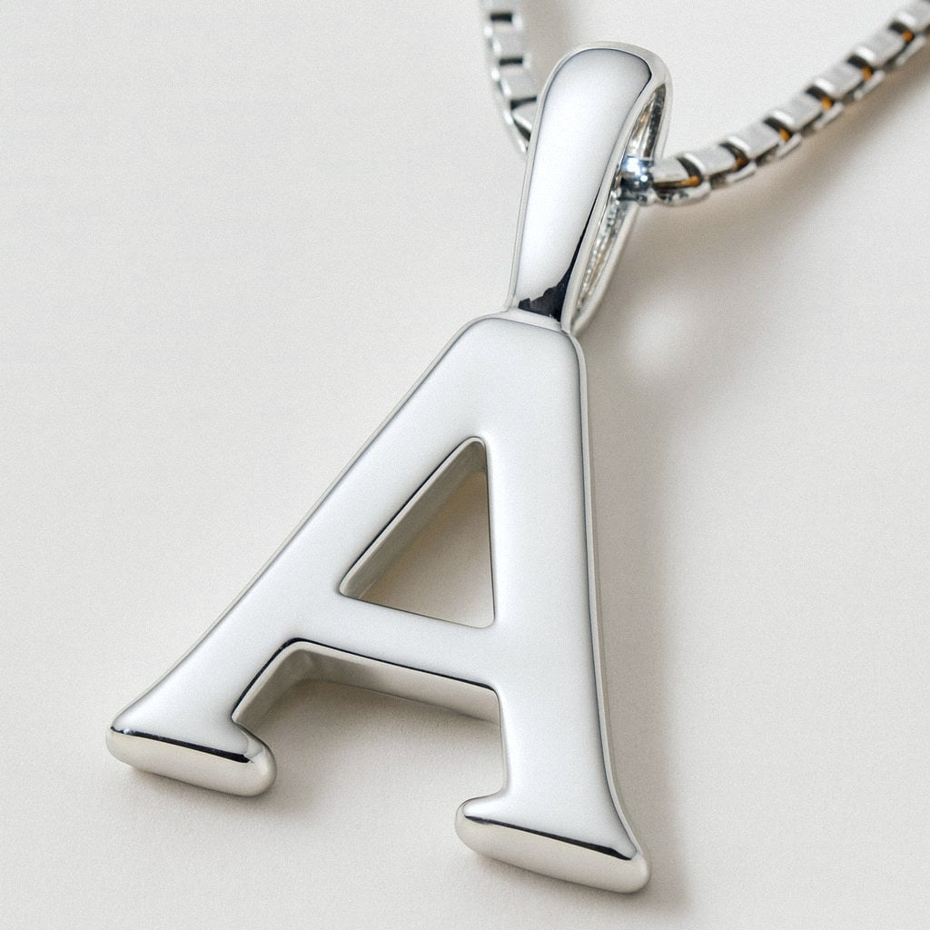 Silver Initial Necklace, Letter Pendant in 925 Sterling Silver, close-up detail