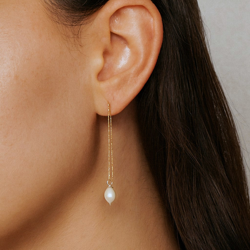 Pearl Threader Earrings, Freshwater Pearl Drops on 18k Gold Plated Sterling Silver Chain, worn on model for scale