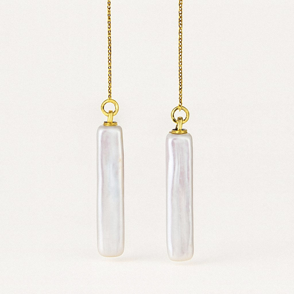 Pearl Threader Earrings, Freshwater Pearl Drops on 18k Gold Plated Sterling Silver Chain, Baroque stick pearl