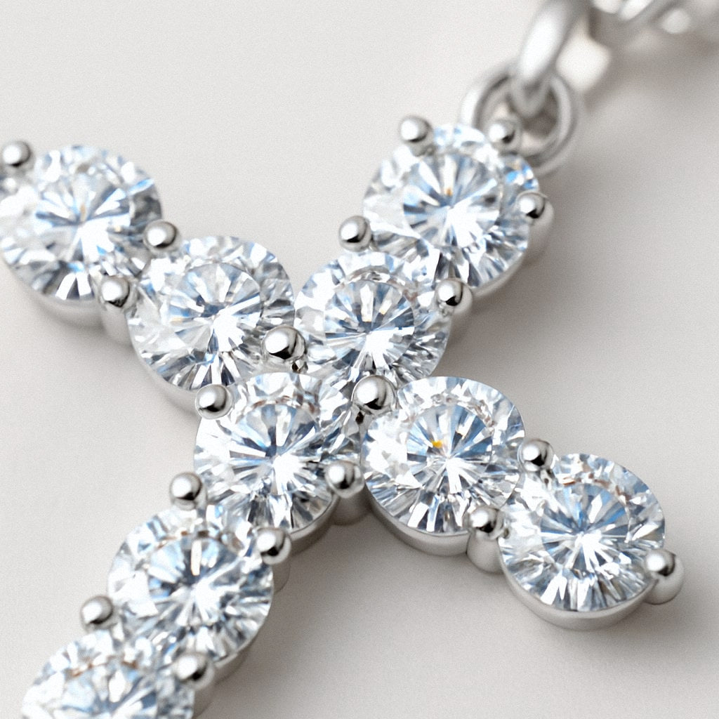 Moissanite Cross Necklace, 925 Sterling Silver Cross Pendant, close-up detail