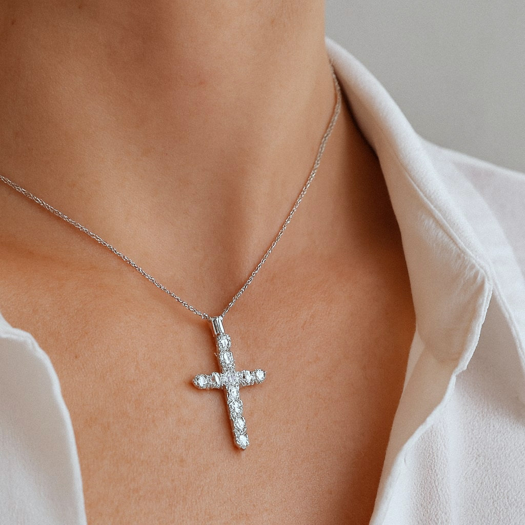 Moissanite Cross Necklace, 925 Sterling Silver Cross Pendant, worn on model for scale