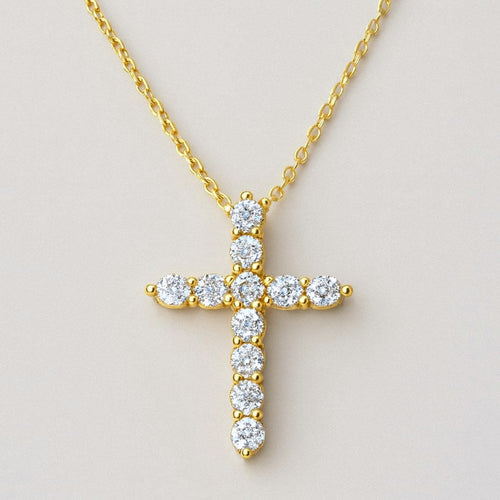 Gold Cross Necklace with Moissanite, 18k Gold Plated Sterling Silver Cross Pendant, product view