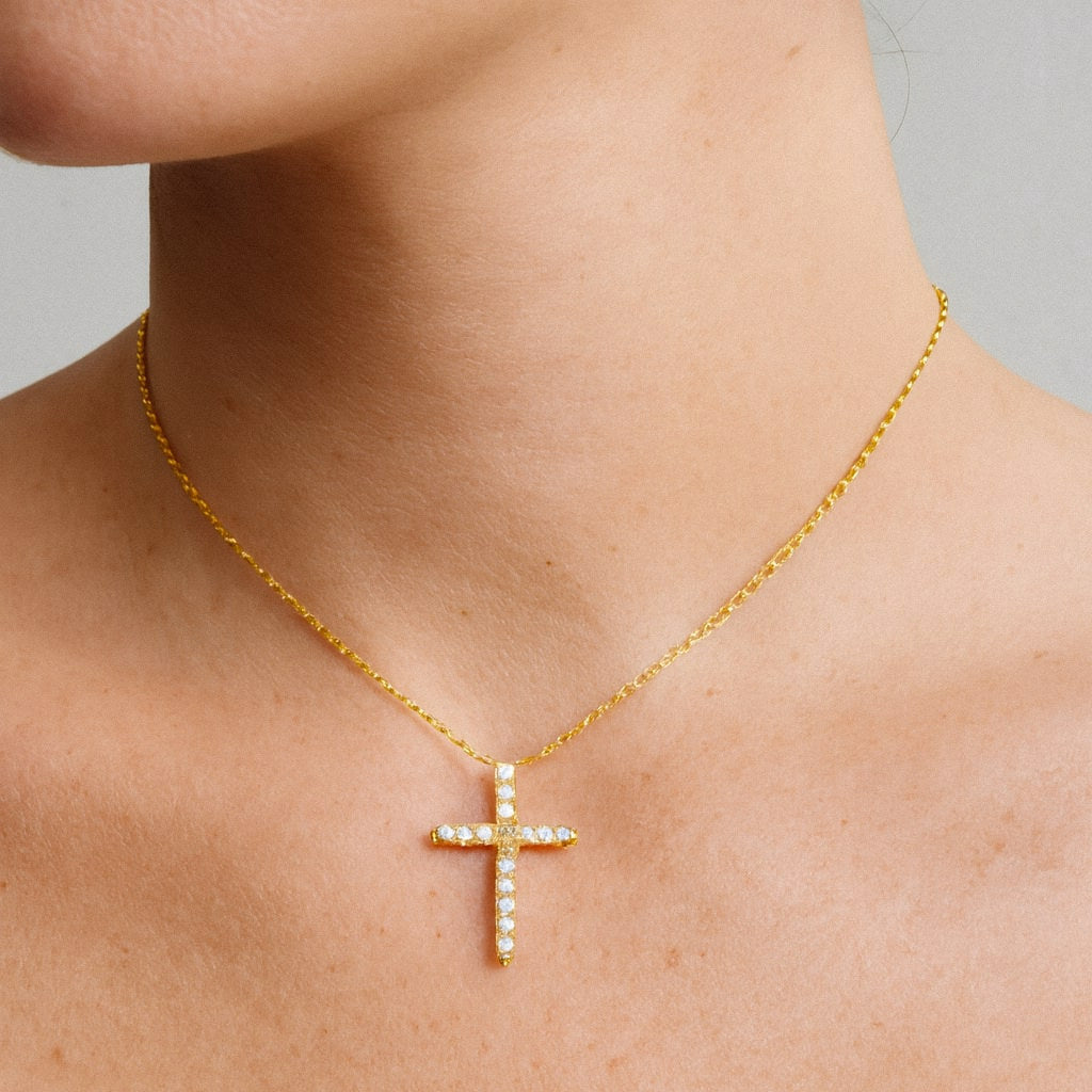 Gold Cross Necklace with Moissanite, 18k Gold Plated Sterling Silver Cross Pendant, worn on model for scale