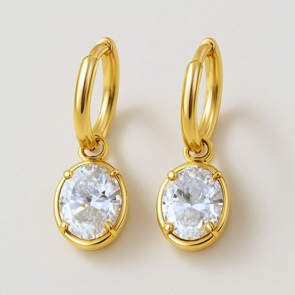 Oval Moissanite Drop Earrings, Gold Huggie Hoops in 18k Gold Plated Sterling Silver, product view