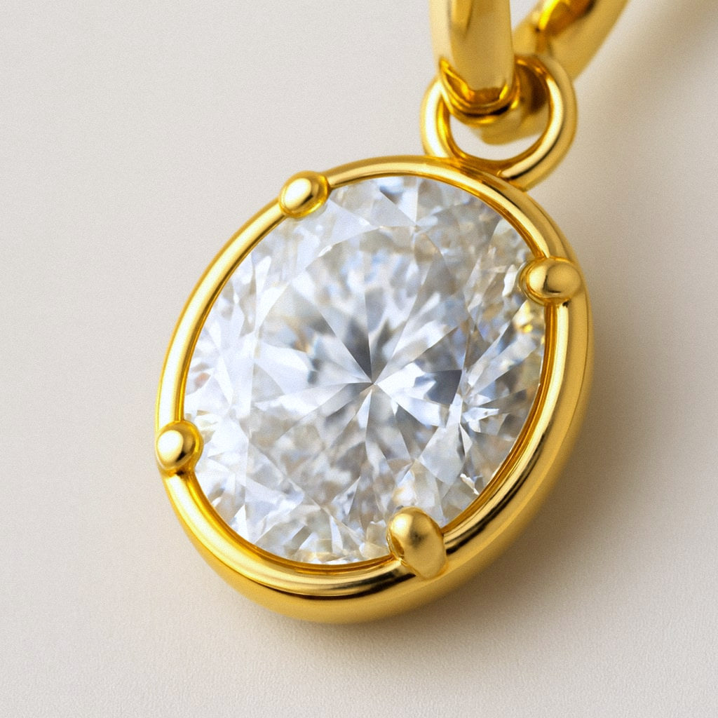 Oval Moissanite Drop Earrings, Gold Huggie Hoops in 18k Gold Plated Sterling Silver, close-up detail