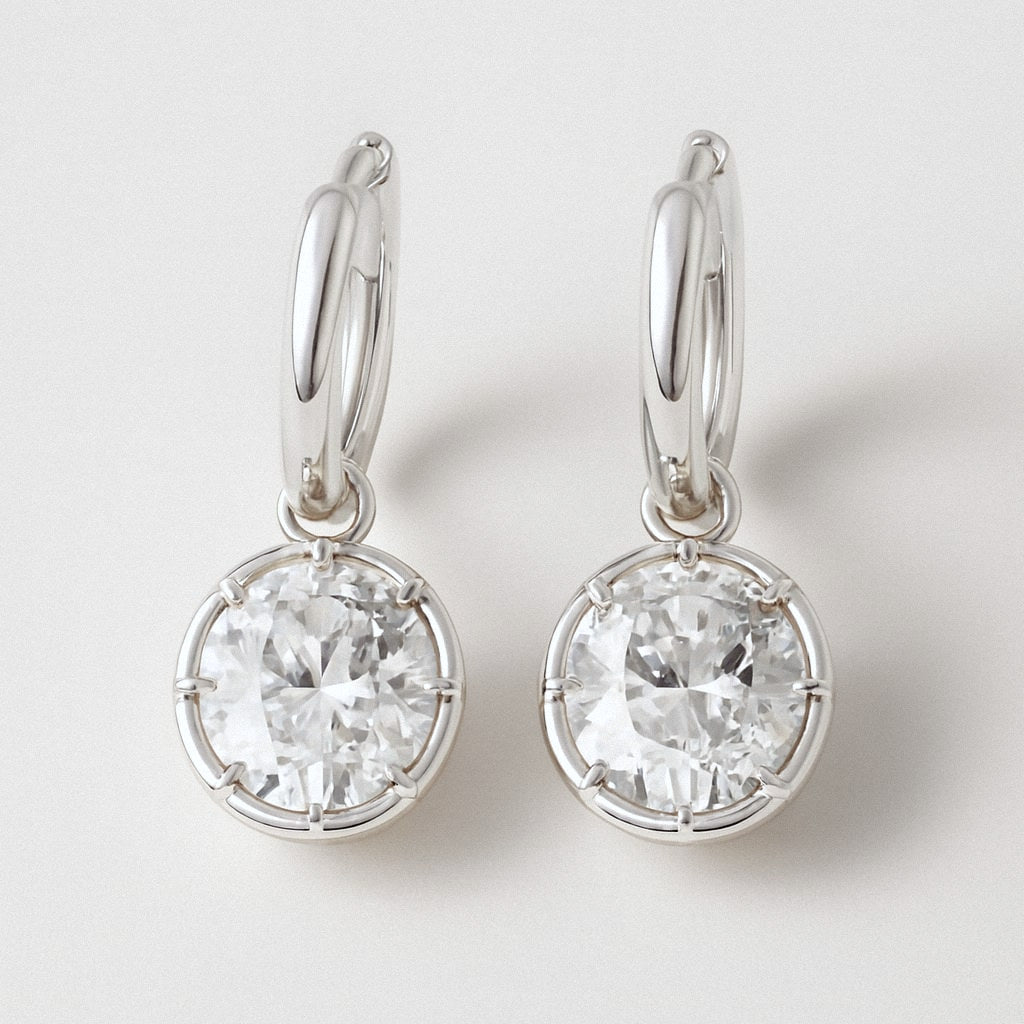 Oval Moissanite Drop Earrings, Silver Huggie Hoops in 925 Sterling Silver, product view