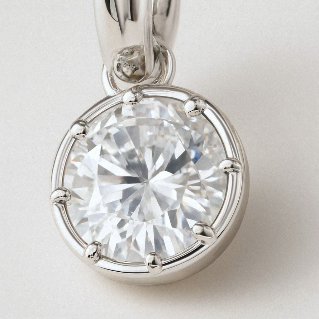 Oval Moissanite Drop Earrings, Silver Huggie Hoops in 925 Sterling Silver, close-up detail