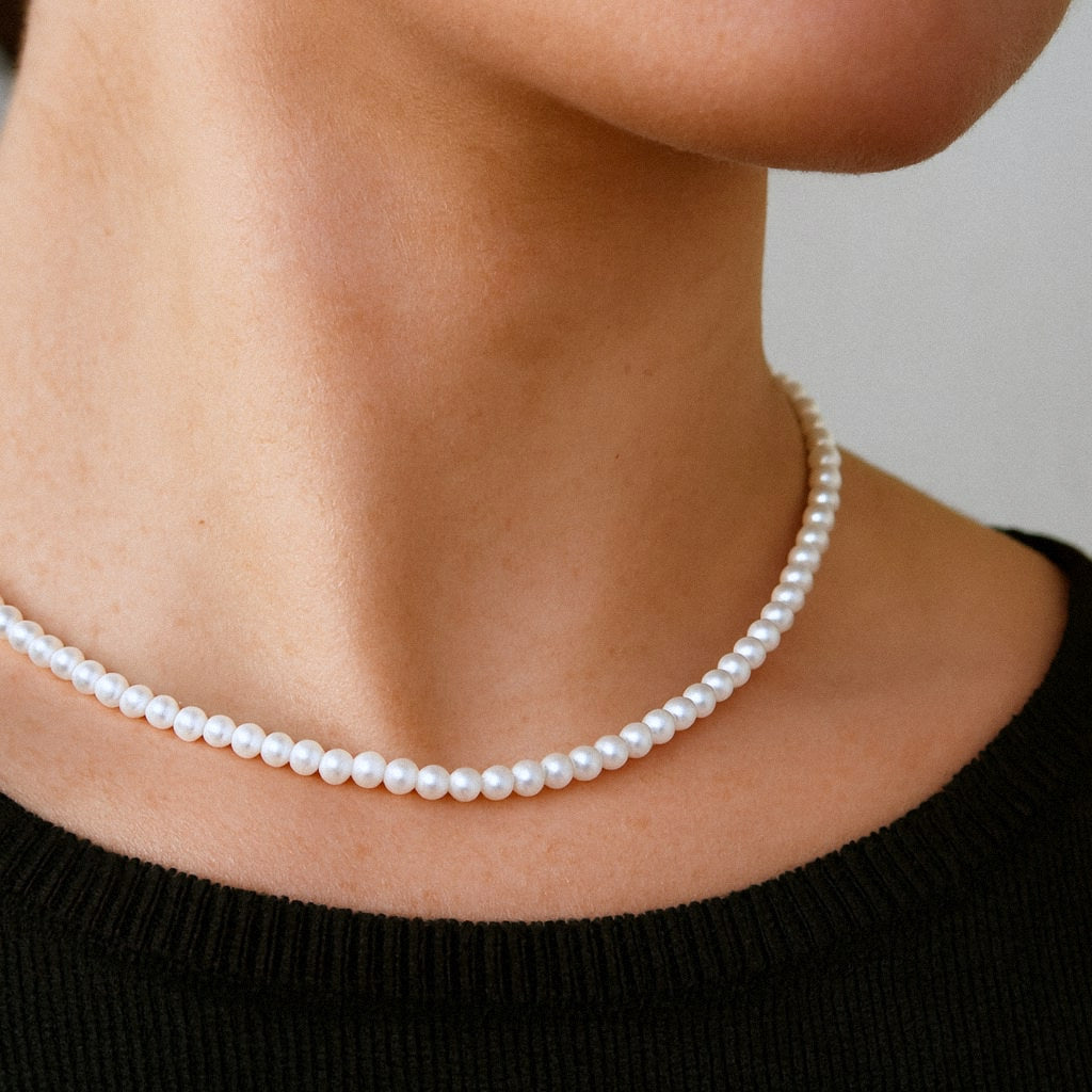 Dainty Pearl Necklace, Petite Freshwater Pearl Strand 3mm to 6mm, worn on model for scale