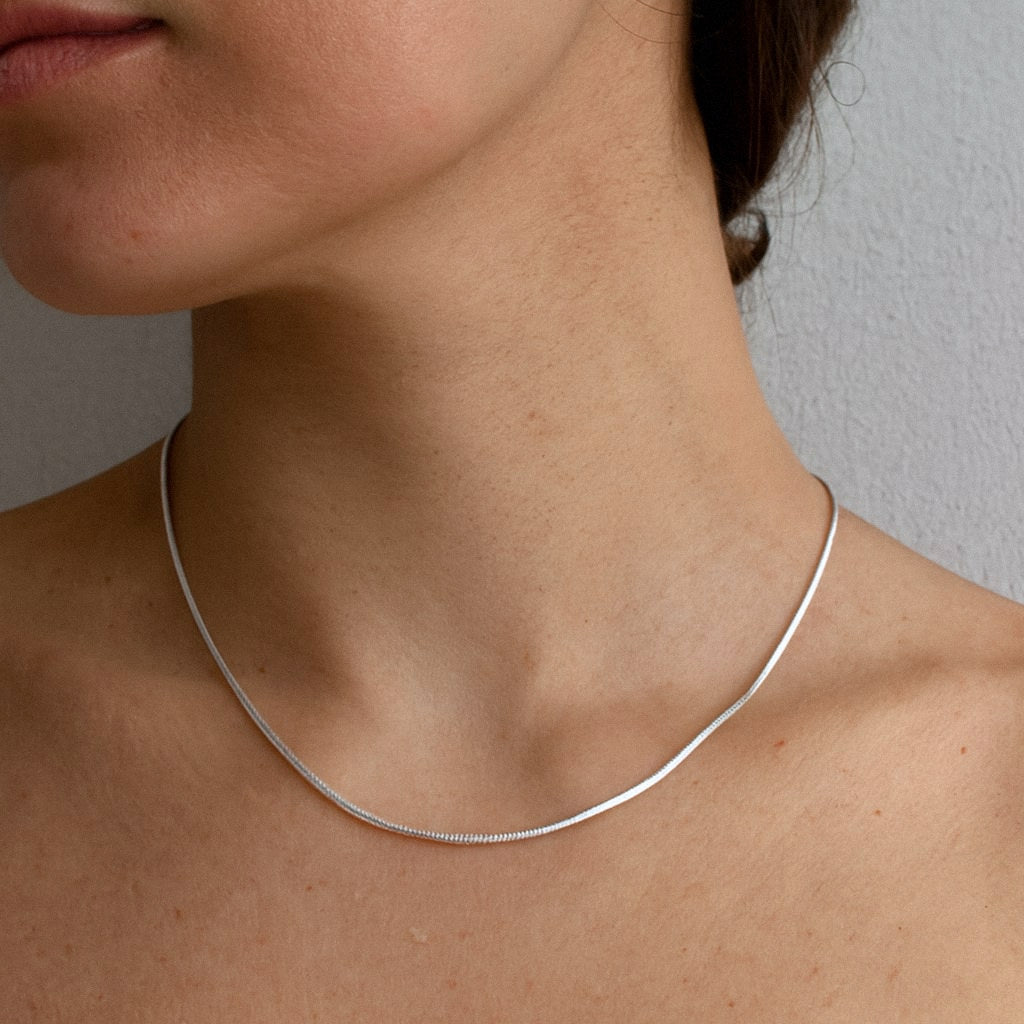 Silver Snake Chain Necklace, Solid 925 Sterling Silver, worn on model for scale