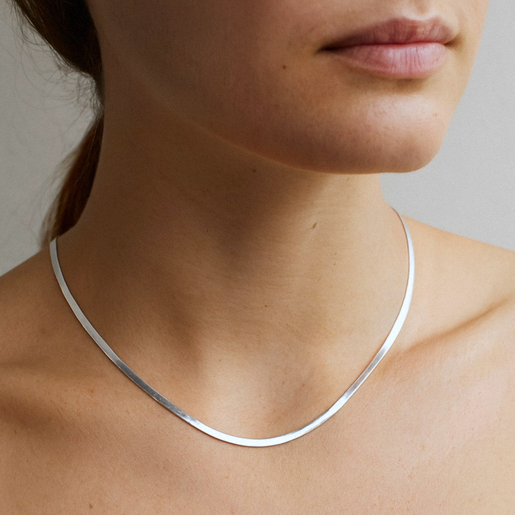 Silver Herringbone Chain Necklace, Flat 925 Sterling Silver Chain, worn on model for scale