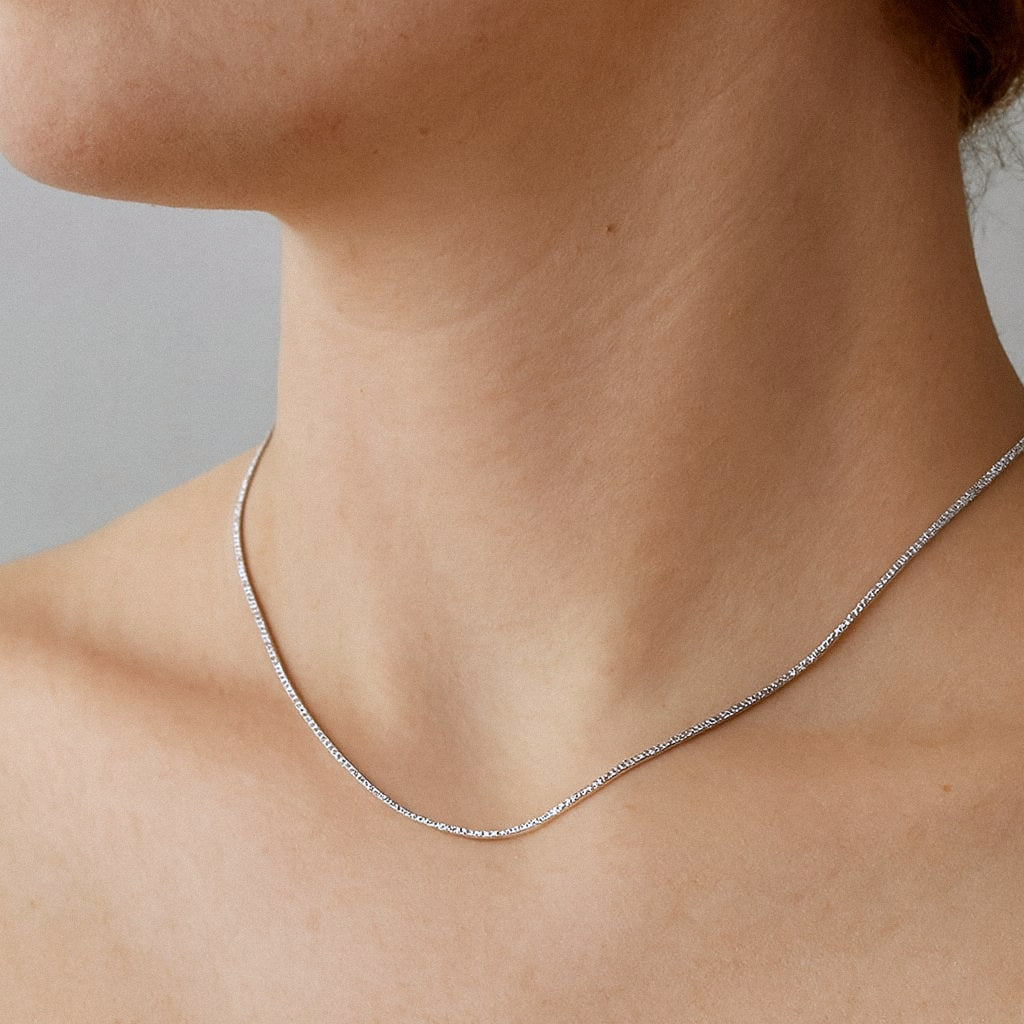 Silver Box Chain Necklace, Solid 925 Sterling Silver Pendant Chain, worn on model for scale
